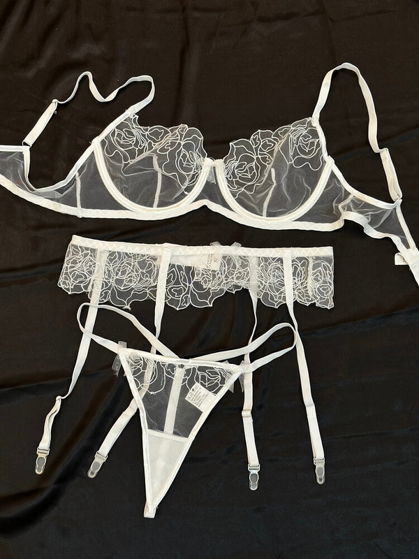 White Mesh See-Through Embroidery Underwear Set