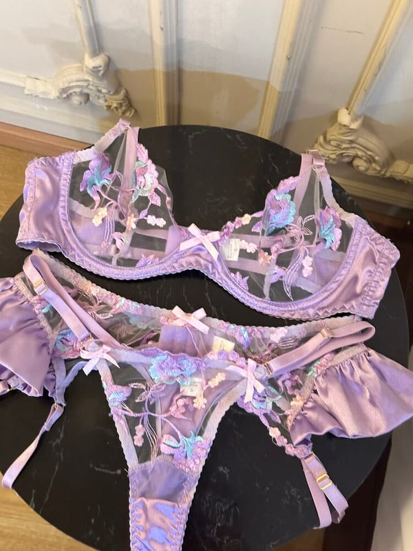 Pink Warm Sun Purple Cloud - Satin Embroidered Fantasy Underwear Set