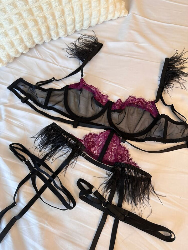 Lace Splicing Mesh Feather Underwear Set