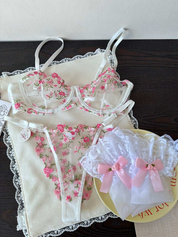 Floral Embroidery Ultra-thin Bra Set